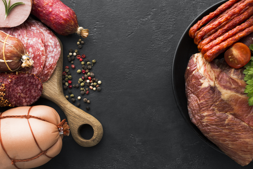 top view variety fresh meat sausages table